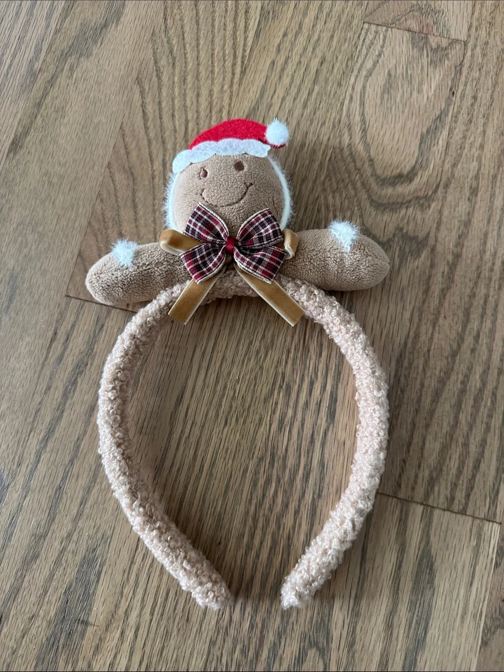 Plush Gingerbread Kids Headband in Beige and Red - Festive Holiday Bow